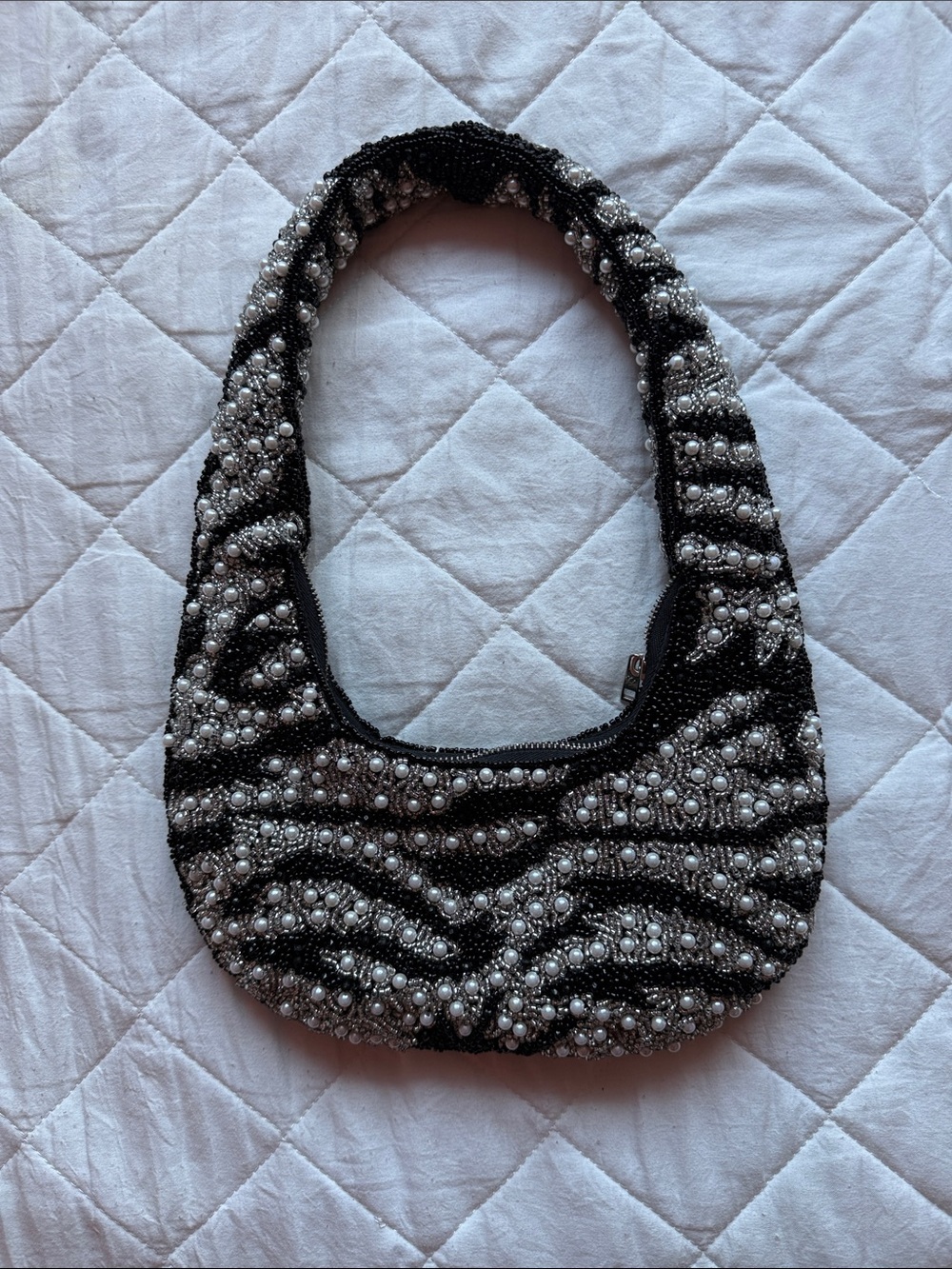 Black Beaded Mini Shoulder Bag with Pearl Accents